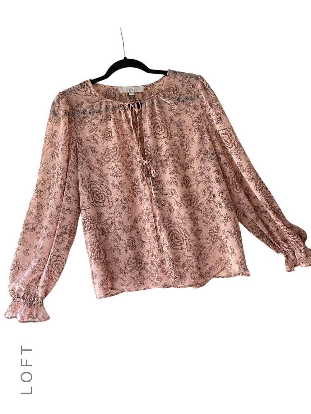 LOFT LONG SLEEVE FLORAL TIE FRONT SHEER TOP BLOUSE LIKE NEW BLUSH & BROWN MEDIUM